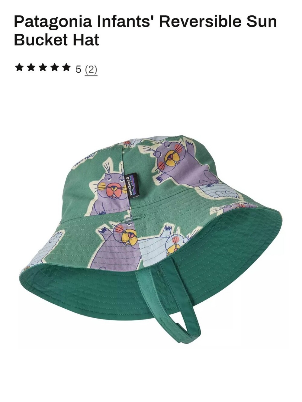 NWT Patagonia Kids' Reversible Bucket Hat in Green 6-12m